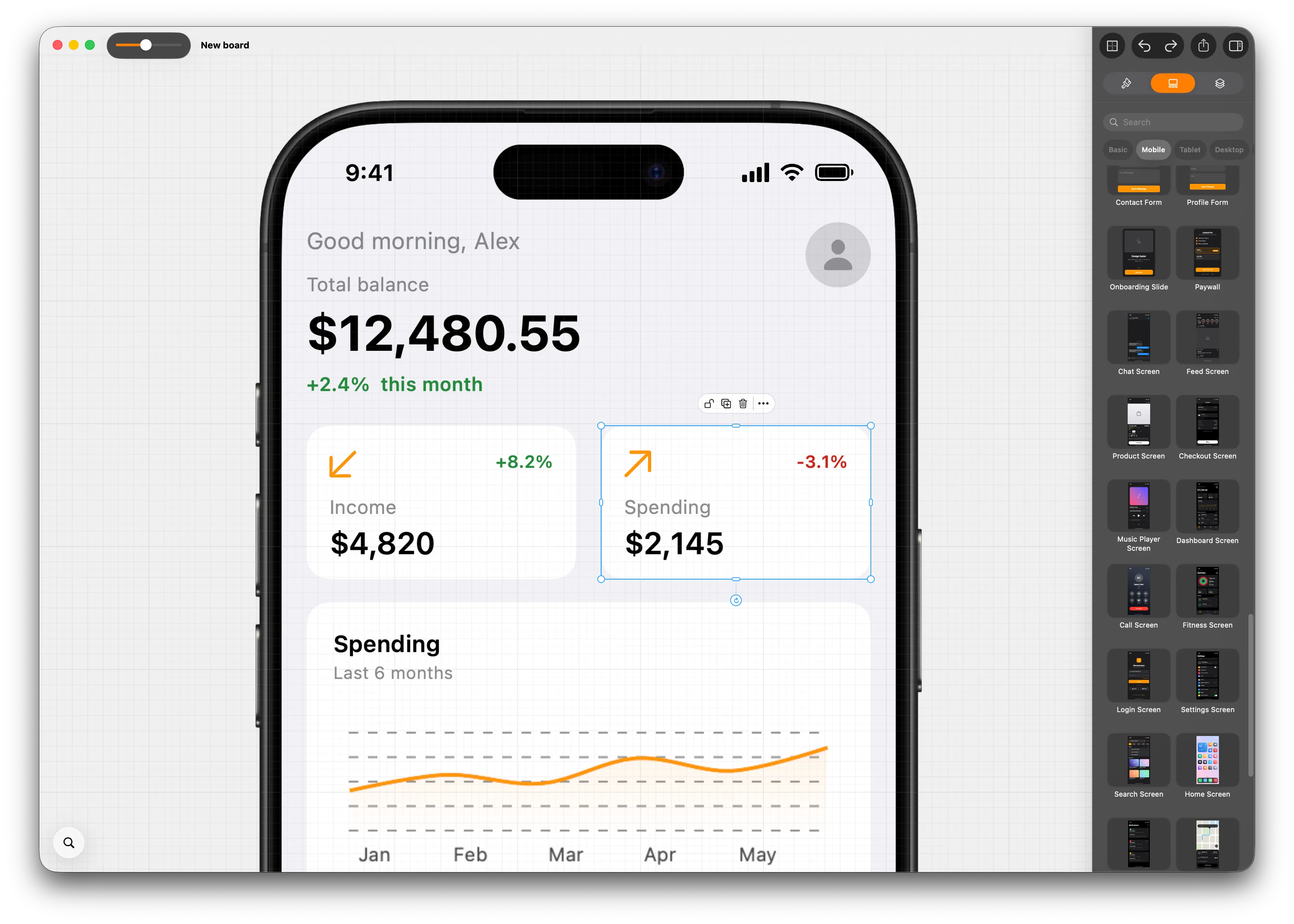 The MockApp element library open beside a finished iPhone dashboard screen