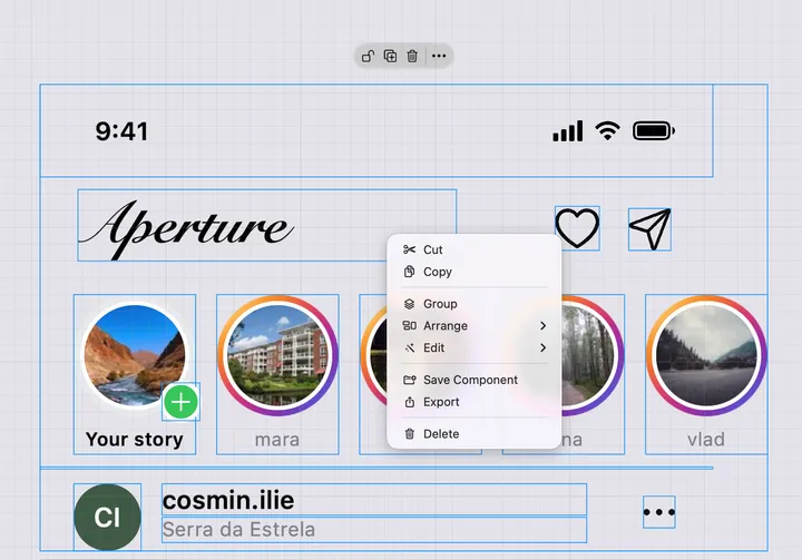 The menu on the Mac: Cut and Copy, Group, Arrange and Edit, Save Component and Export, Delete — with the small toolbar floating above the selection.