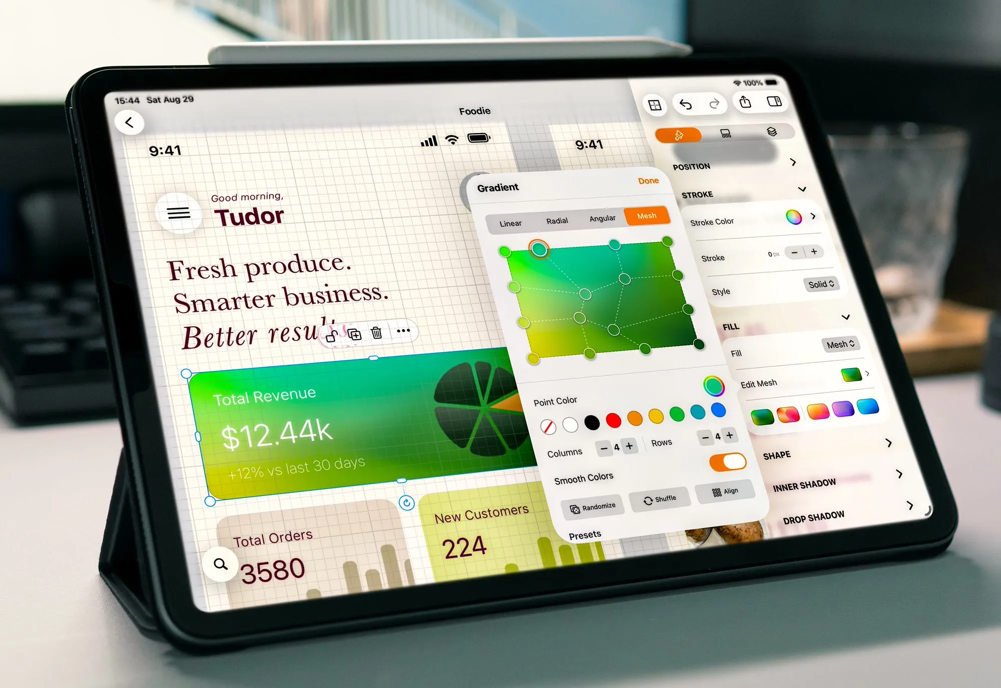 The mesh gradient editor open in MockApp on an iPad, over a dashboard design