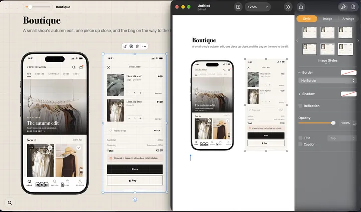 The board on the left, pasted into a Pages document on the right: the heading and its line arrived as editable text, the two screens as images.