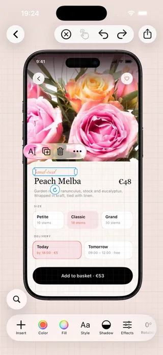 The iPhone editor: the top bar, a selected text with its small toolbar, the properties pill below.