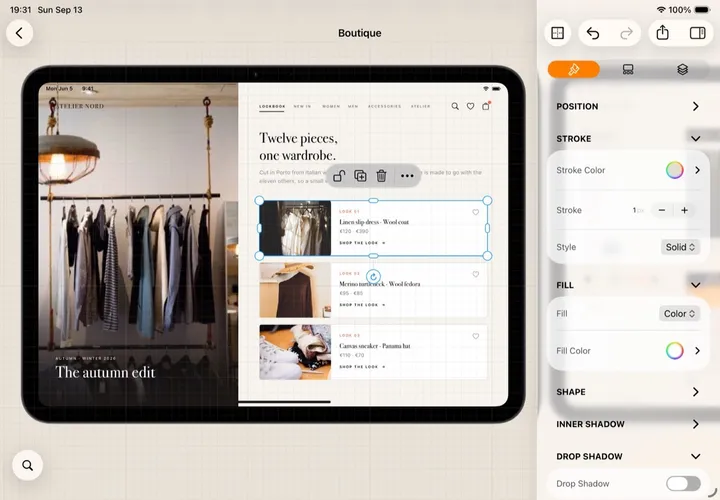 The iPad editor: a card selected in the Boutique template, the Design tab of the inspector on the right.