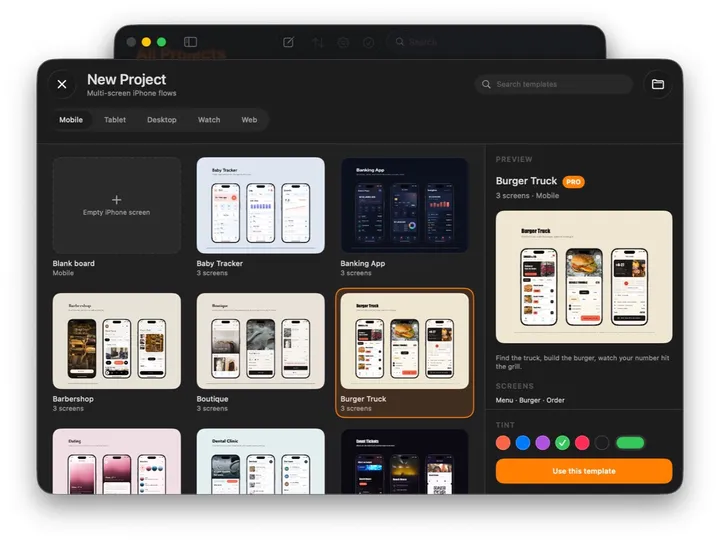 The New Project wizard, Mobile category.