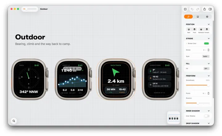 A freeform path on a watch face, selected on the Mac: every point is a handle, and the inspector's Freeform section holds Smoothness and Points.