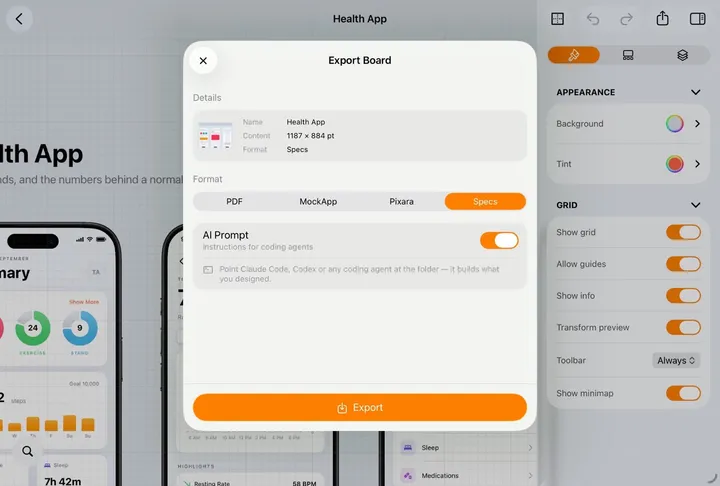 The export sheet on iPad, Specs selected: a prompt for coding agents goes in the folder too.