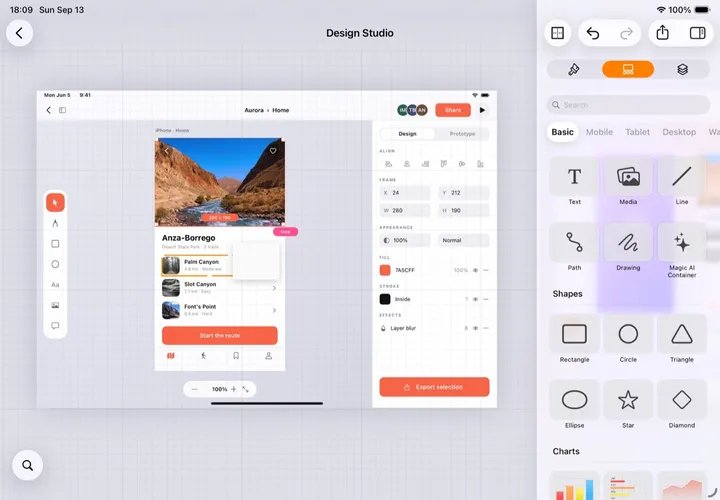 A rectangle dragged from Elements over a list row on iPad: the row lights up as the target and takes it on release.