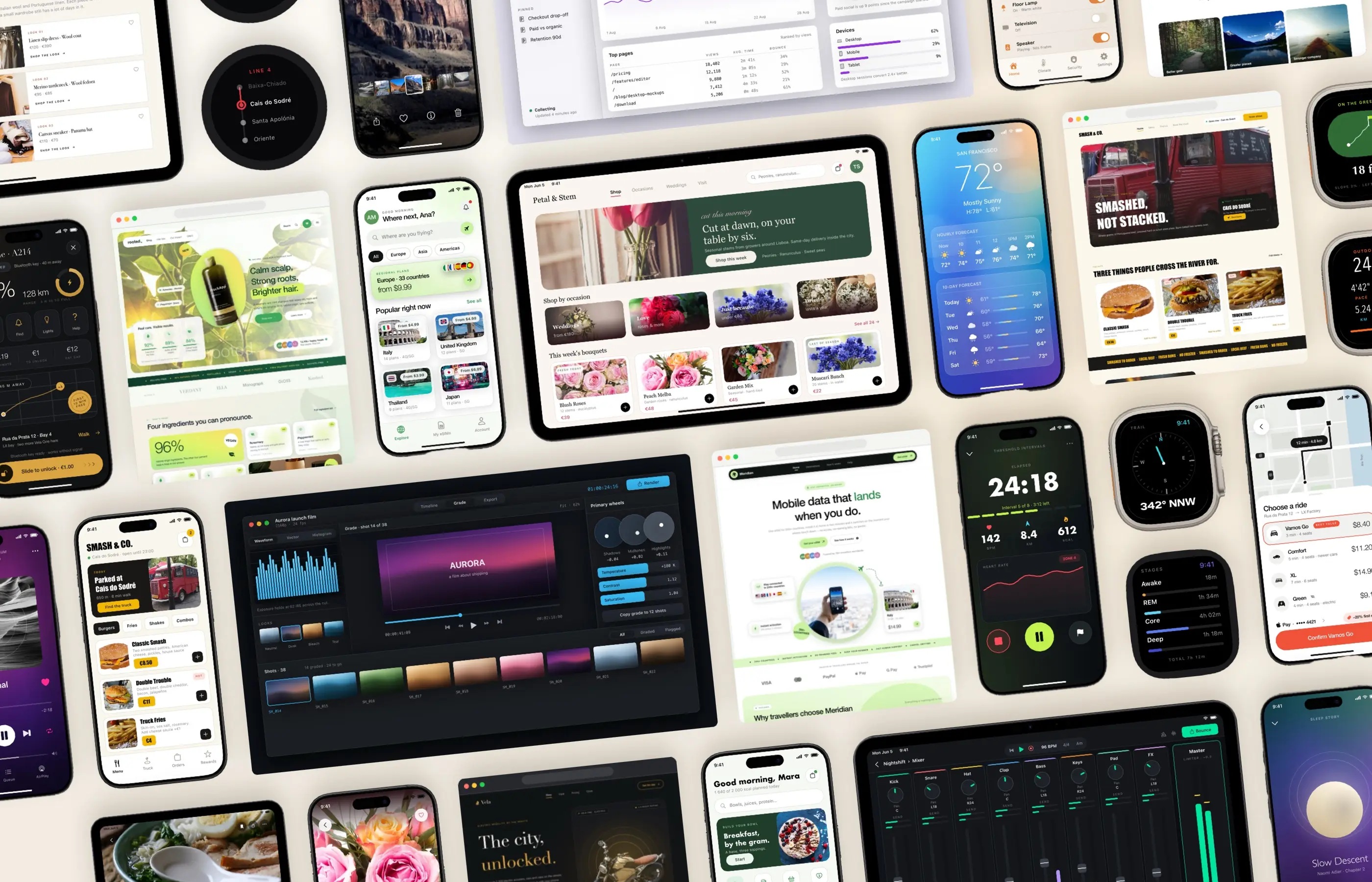 A wall of MockApp templates — iPhone and iPad apps, Mac windows, watch faces and websites